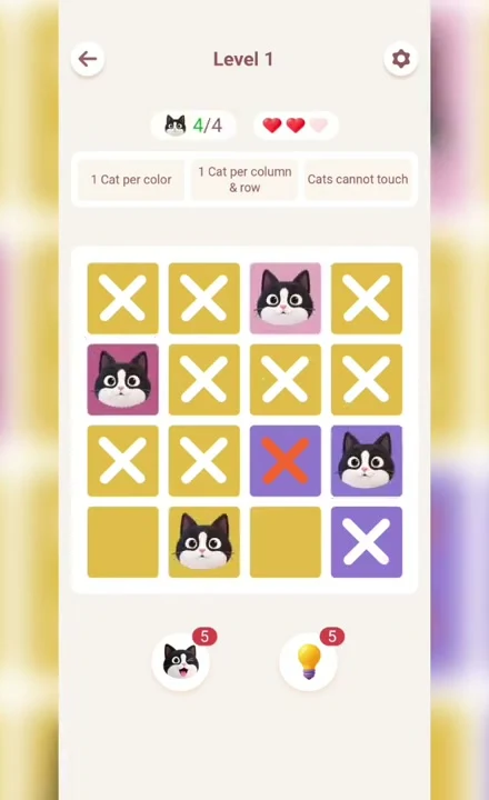 Meowdoku Level 1 solution screenshot from the original mobile game