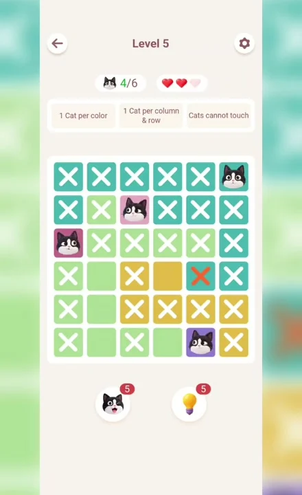 Meowdoku Level 5 progress screenshot from the original mobile game