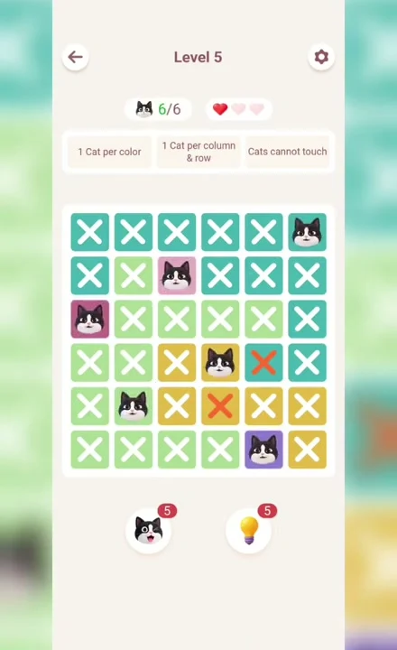 Meowdoku Level 5 solution screenshot from the original mobile game