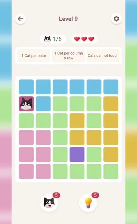 Meowdoku Level 9 opening screenshot from the original mobile game
