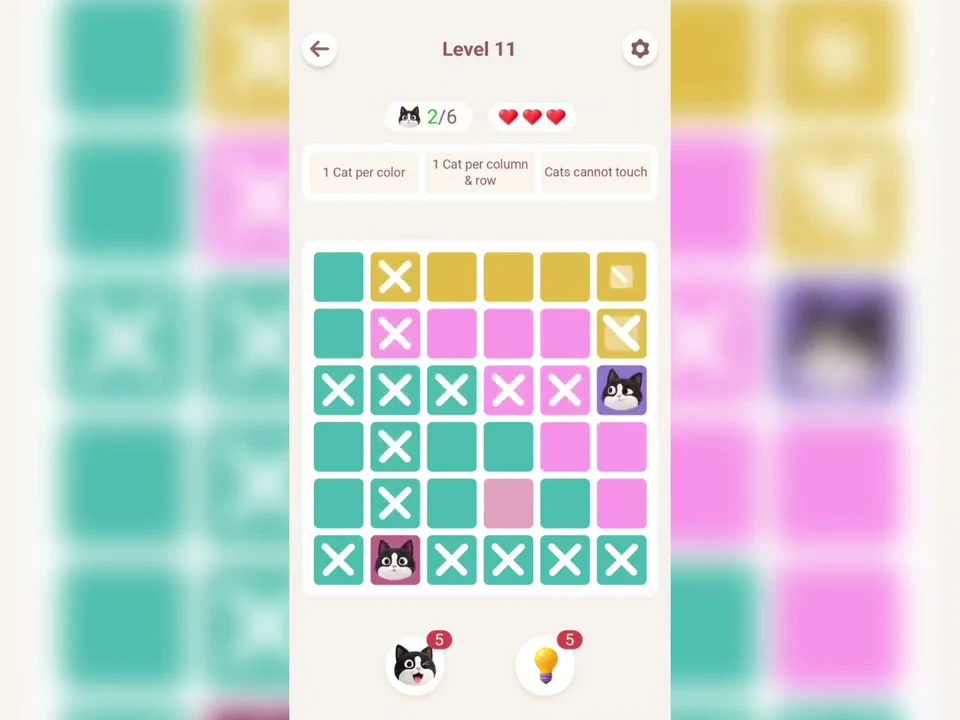 Meowdoku Level 11 in progress at 0:10 in the original app tutorial.