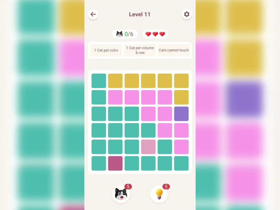 Original Meowdoku Level 11 opening board, 6 by 6 grid, captured from Nasir Ali Gamer at 0:01.