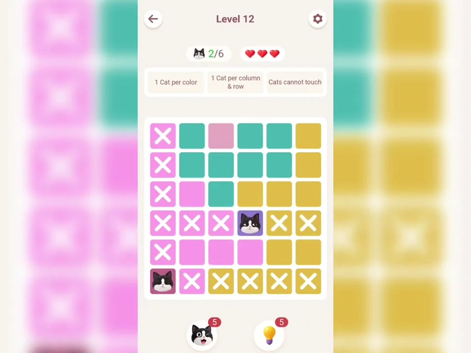 Meowdoku Level 12 in progress at 0:10 in the original app tutorial.