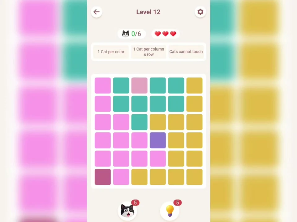 Original Meowdoku Level 12 opening board, 6 by 6 grid, captured from Nasir Ali Gamer at 0:01.