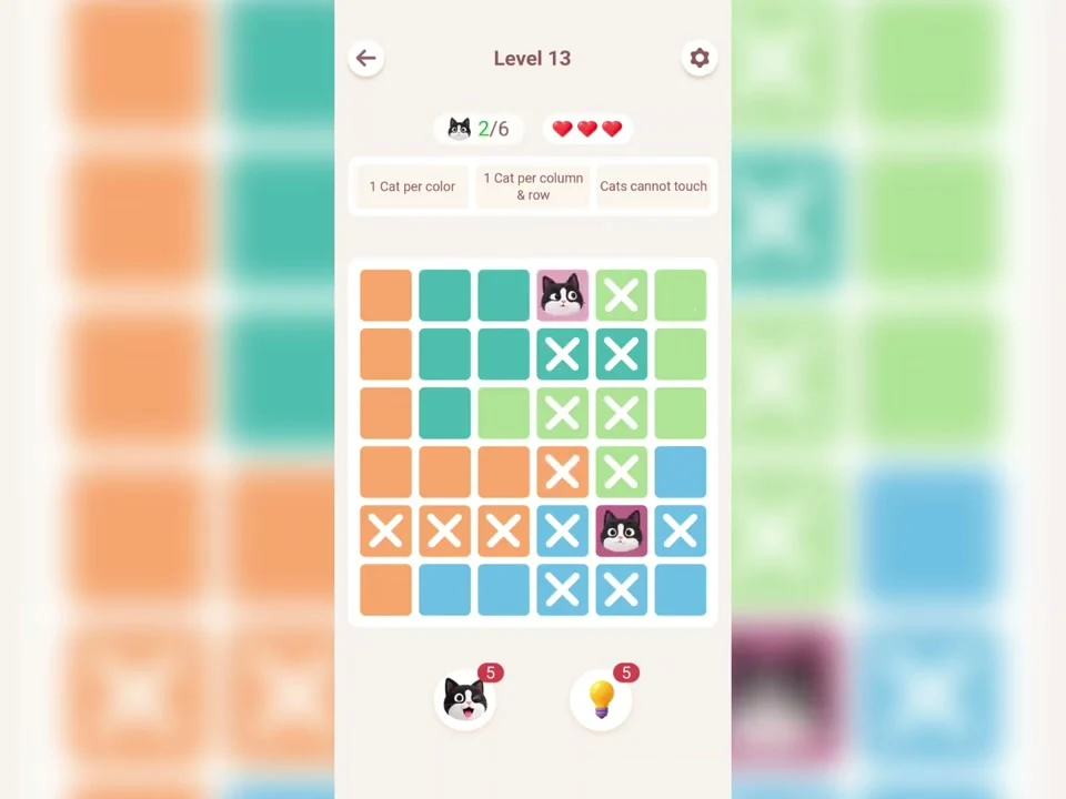 Meowdoku Level 13 in progress at 0:10 in the original app tutorial.