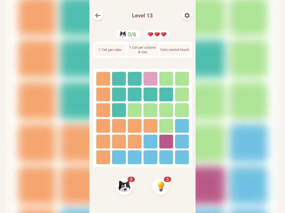 Original Meowdoku Level 13 opening board, 6 by 6 grid, captured from Nasir Ali Gamer at 0:01.