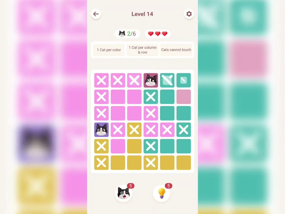 Meowdoku Level 14 in progress at 0:10 in the original app tutorial.
