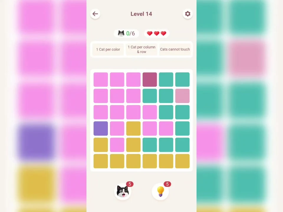 Original Meowdoku Level 14 opening board, 6 by 6 grid, captured from Nasir Ali Gamer at 0:01.