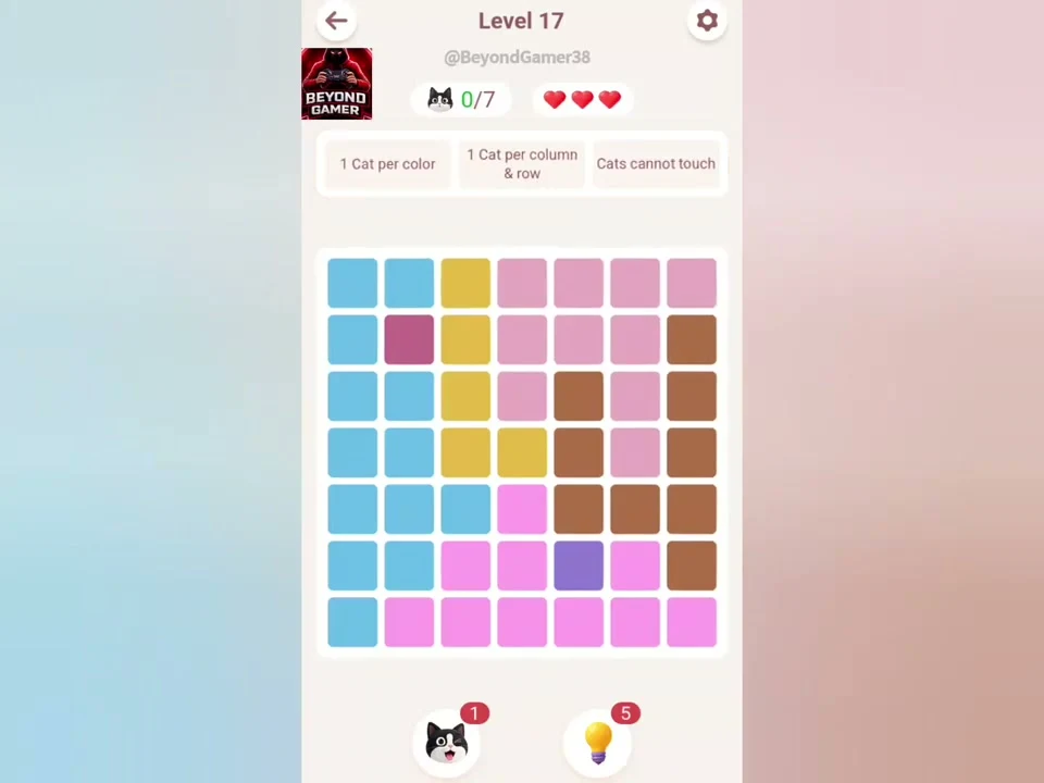 Original Meowdoku Level 17 opening board, 7 by 7 grid, captured from Beyond Gamer at 0:01.