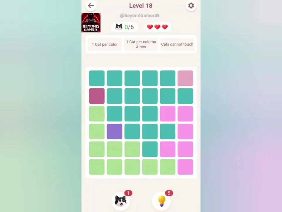 Original Meowdoku Level 18 opening board, 6 by 6 grid, captured from Beyond Gamer at 0:01.