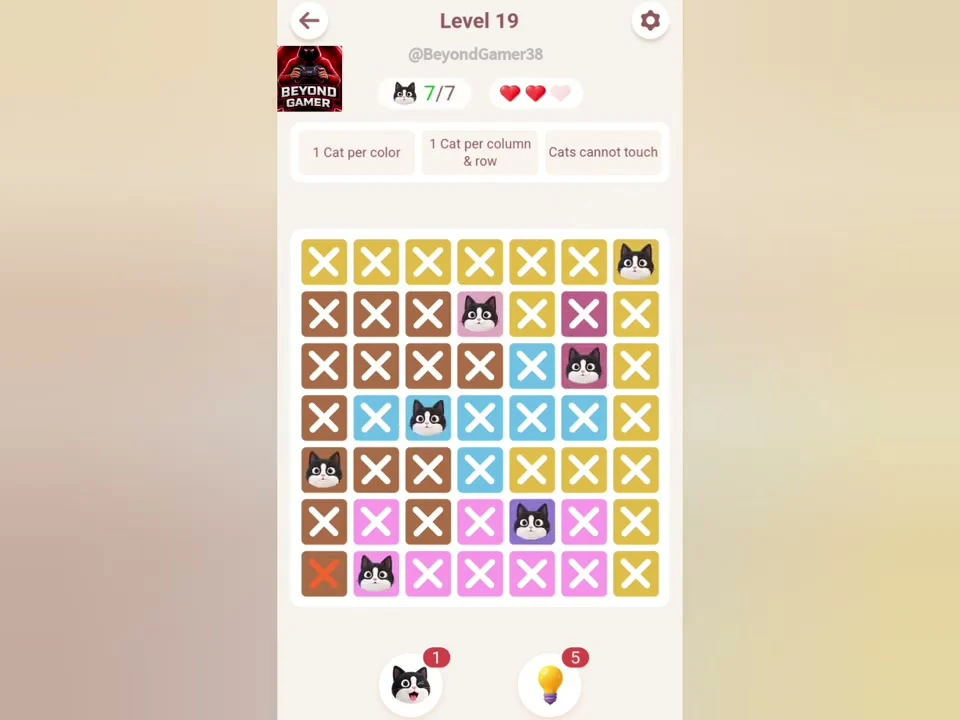 Final Meowdoku Level 19 board in Beyond Gamer’s original app recording.