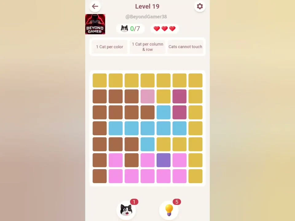 Original Meowdoku Level 19 opening board, 7 by 7 grid, captured from Beyond Gamer at 0:01.