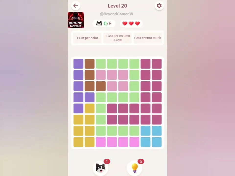 Original Meowdoku Level 20 opening board, 8 by 8 grid, captured from Beyond Gamer at 0:01.