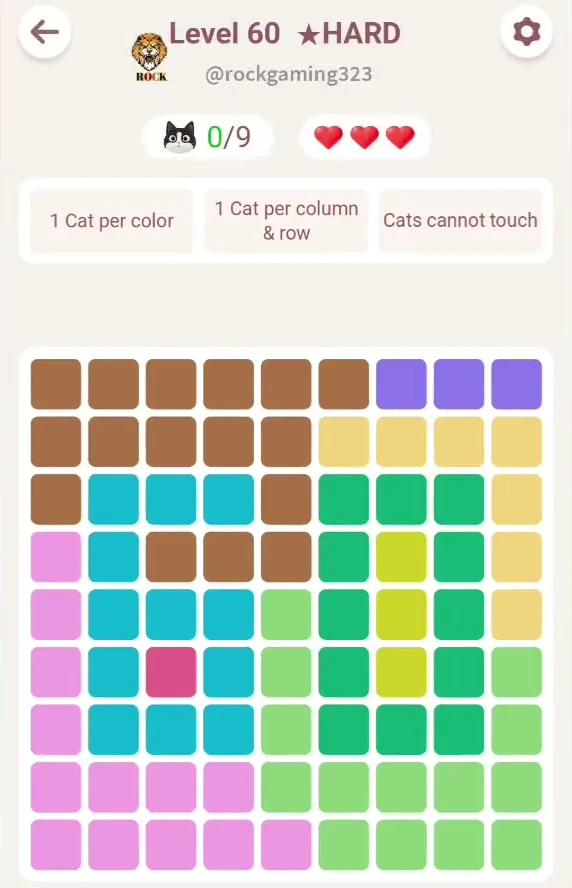 Original Meowdoku Level 60 opening frame, same 9 by 9 region layout