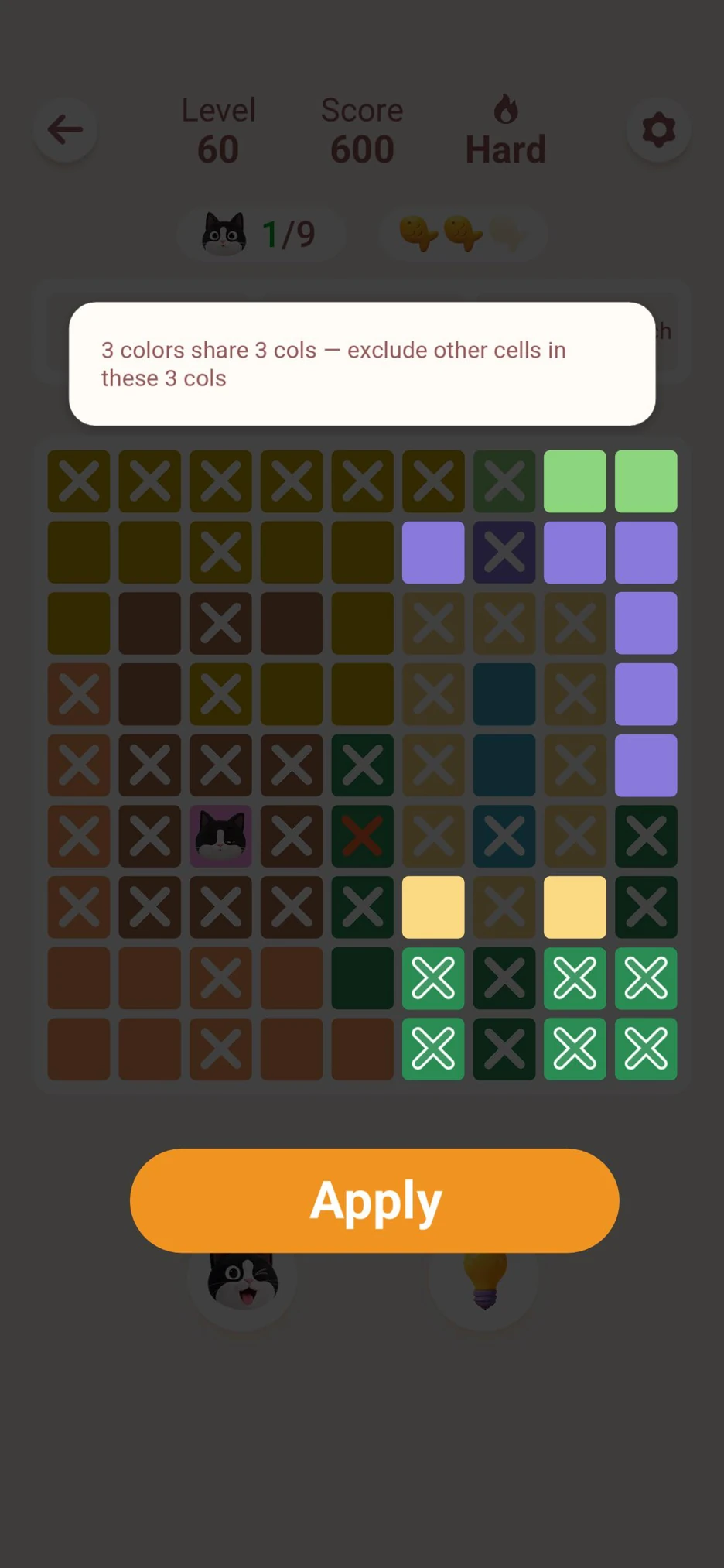 Player screenshot of Meowdoku Level 60 showing three colors reserved in columns 6, 8 and 9