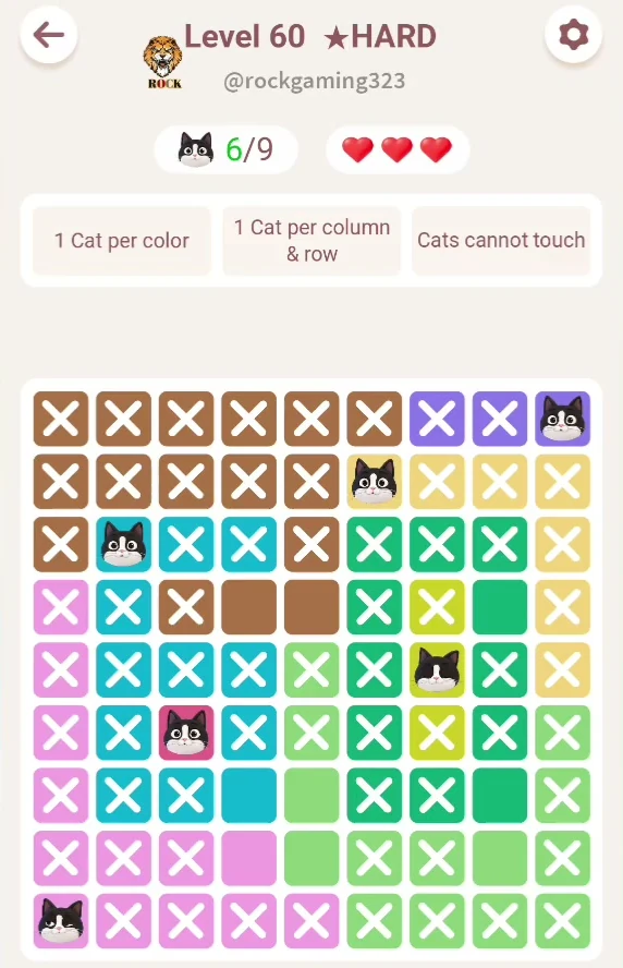 Original Meowdoku Level 60 progress frame, same 9 by 9 region layout