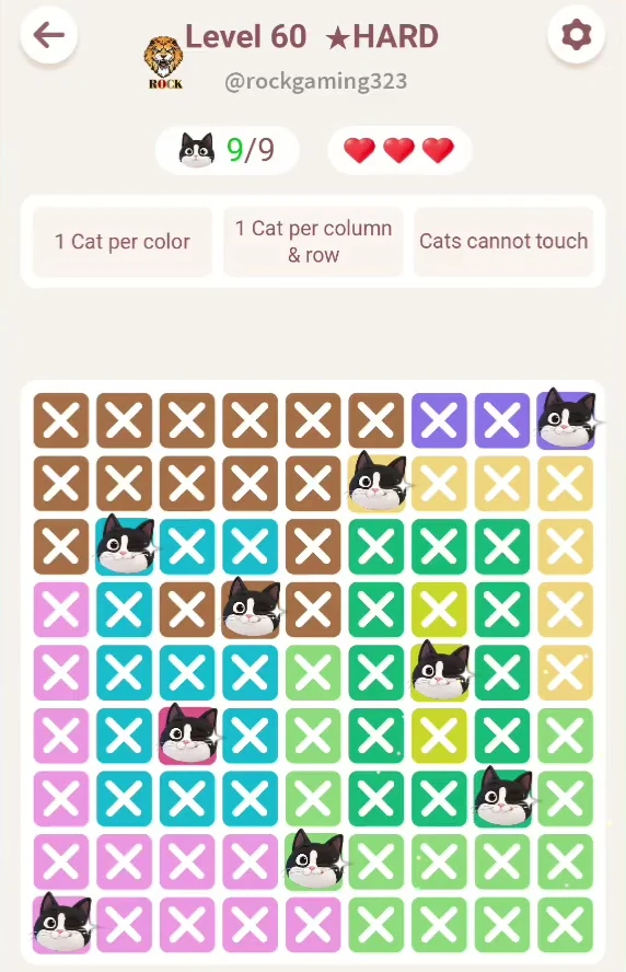 Original Meowdoku Level 60 solution frame, same 9 by 9 region layout