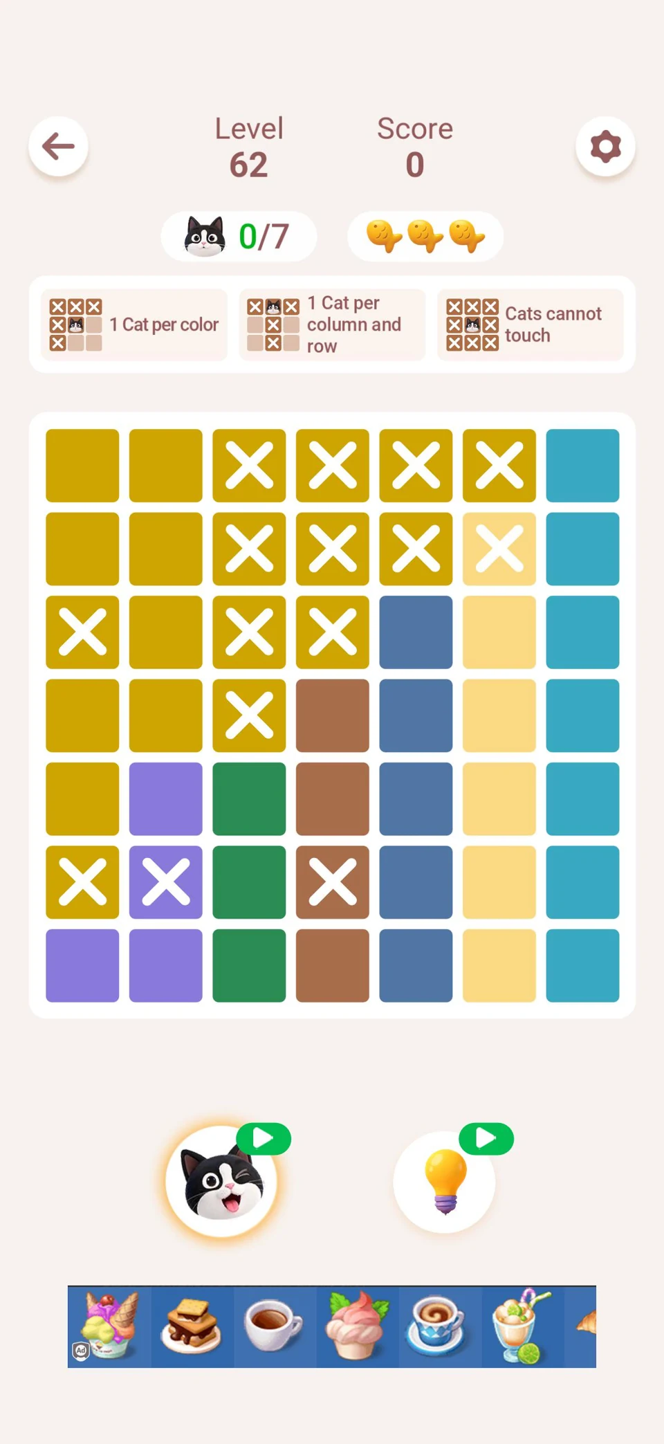 Player-shared Meowdoku Level 62 board, 7 by 7 grid, with gold and teal in the upper rows.